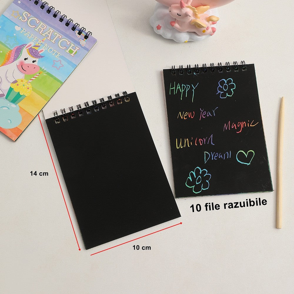 Caiet Fise Razuibile DIY Magic Scratch, Set Desen Creativ cu Efect Curcubeu, Include Creion Lemn, 12 File Carton, 14 x 10 cm, Galben