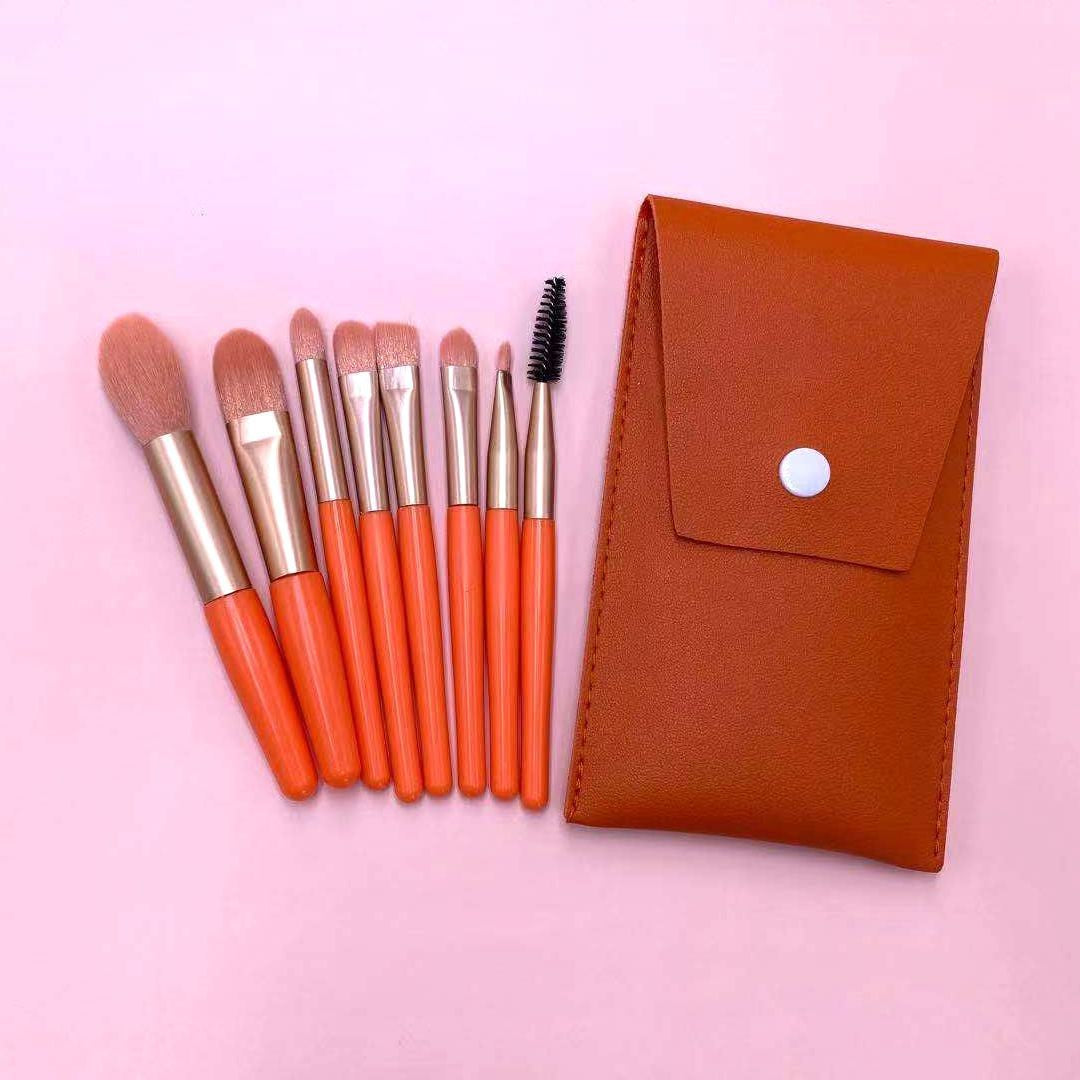 Set 8 Pensule Machiaj Profesionale Mini, Peri Sintetici Super Soft, Aplicare Fond de Ten si Fard de Pleoape, Maner Ergonomic, Husa Depozitare Inclusa, Portocaliu