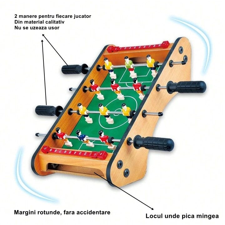 Masa de Fotbal de Masa Portabila, Mini Joc Foosball cu 12 Jucatori si 4 Manere Ergonomice, Tablou Scor, Lemn, Metal si ABS, 37.5 x 21 x 9.5 cm