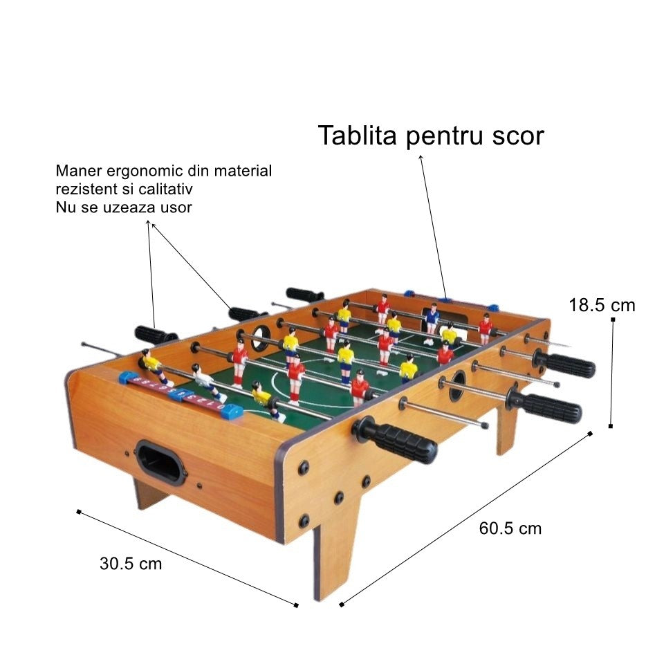 Masa de Fotbal pentru Copii si Adulti, Joc de Masa cu 18 Jucatori si 6 Manere, Structura din Lemn si Metal, 2 Mingi Incluse, 60.5 x 30.5 x 18.5 cm