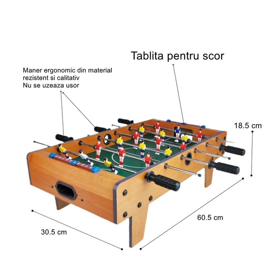 Masa de Fotbal pentru Copii si Adulti, Joc de Masa cu 18 Jucatori si 6 Manere, Structura din Lemn si Metal, 2 Mingi Incluse, 60.5 x 30.5 x 18.5 cm