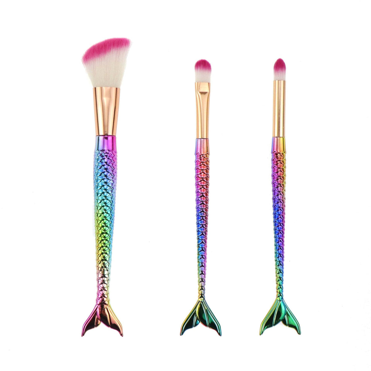 Set 3 Pensule Machiaj Tip Sirena, Aplicare Precisa cu Detalii Fine, Maner Ergonomic Electroplacat, Peri din Fibra Moale, Multicolor