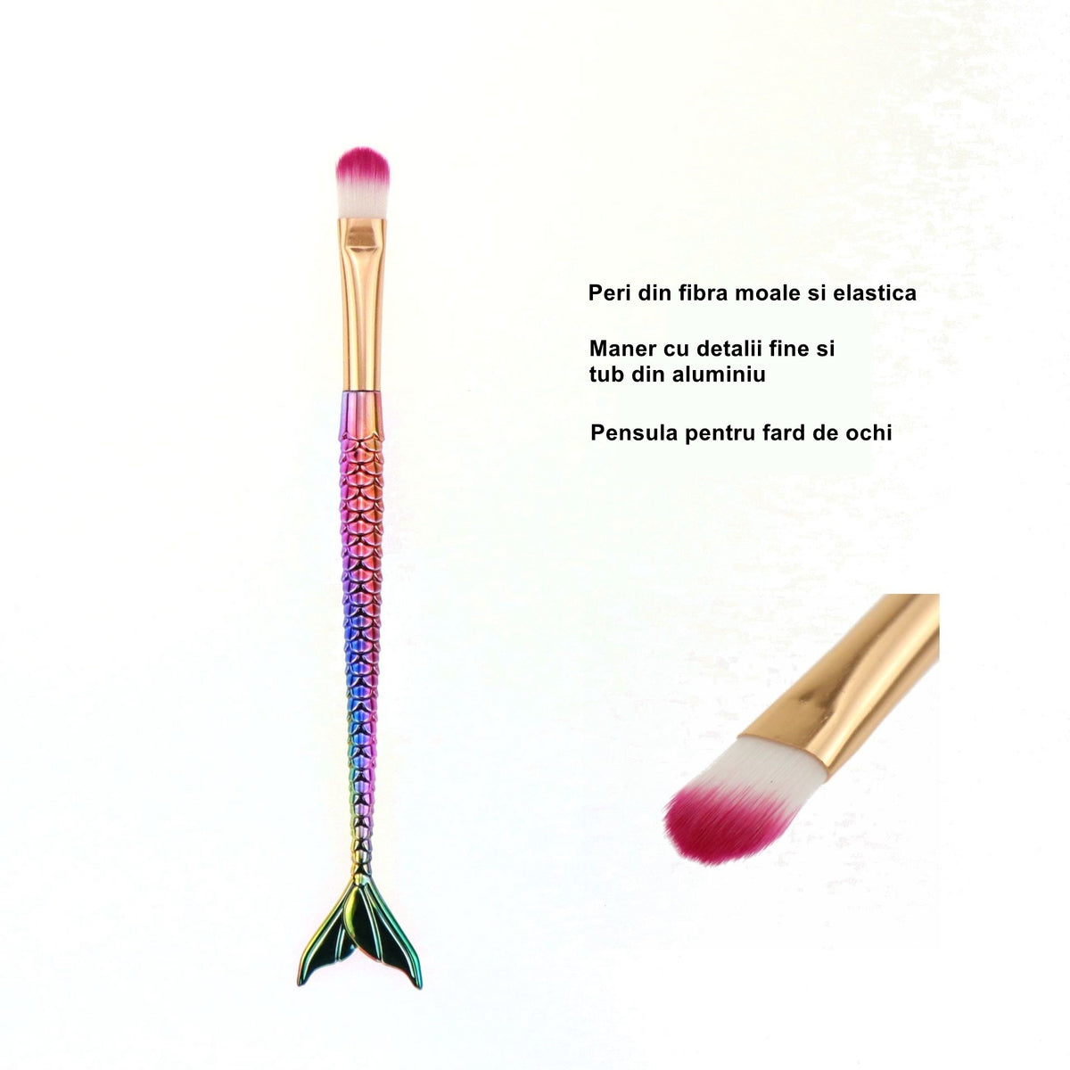 Set 3 Pensule Machiaj Tip Sirena, Aplicare Precisa cu Detalii Fine, Maner Ergonomic Electroplacat, Peri din Fibra Moale, Multicolor