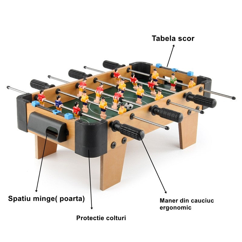 Masa de Fotbal pentru Copii si Adulti, Joc Tabletop cu 18 Jucatori si 6 Manere, Structura din Lemn si Metal, Contor Scor Inclus, 2 Mingi, 51 x 44 x 17.5 cm