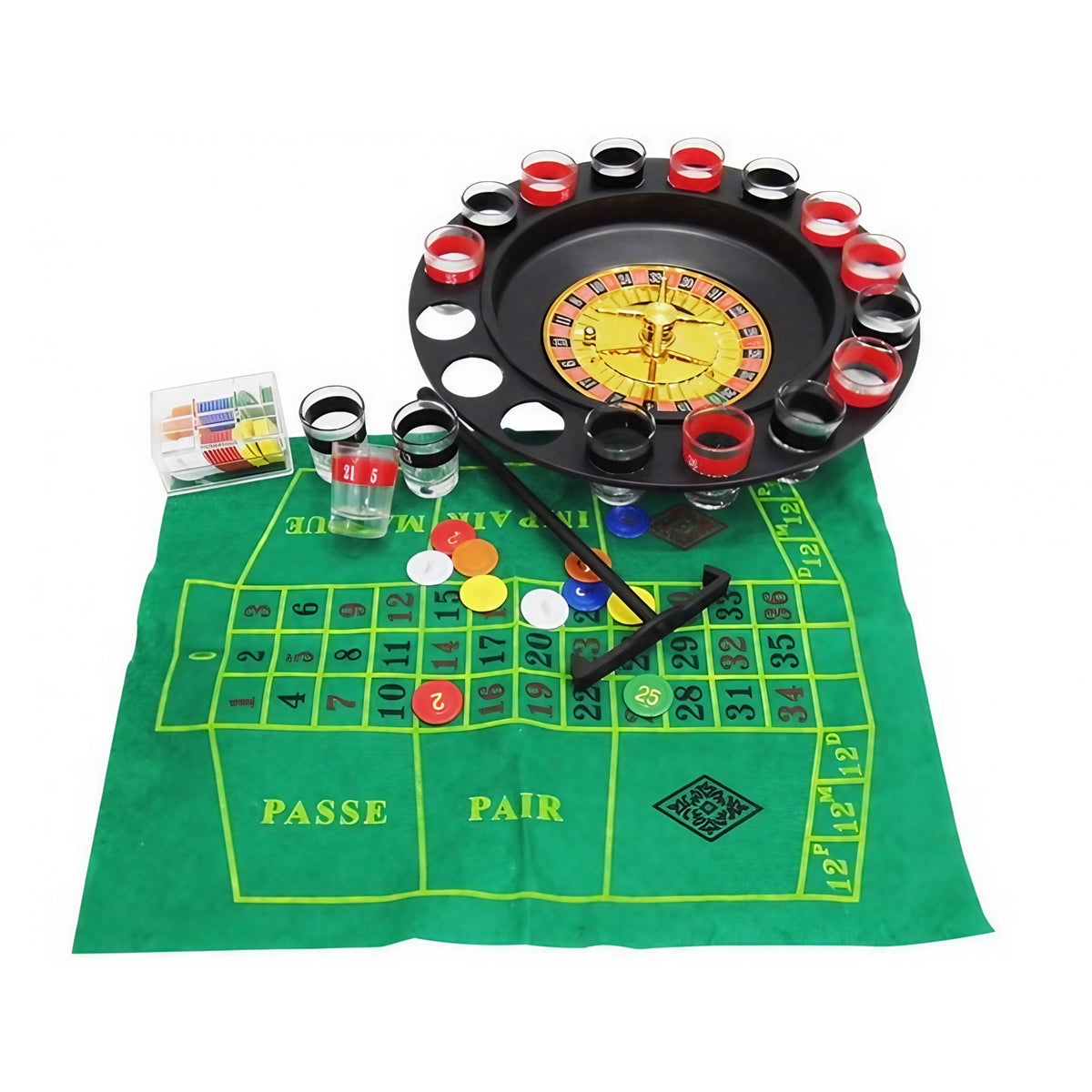 Lucky Shot Set Joc de Ruleta cu 16 Pahare de Shot si Plansa Blackjack, 60 Jetoane, Plastic si Sticla, 31 cm, Rosu-Negru