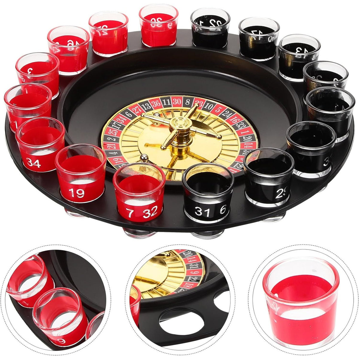 Lucky Shot Set Joc de Ruleta cu 16 Pahare de Shot si Plansa Blackjack, 60 Jetoane, Plastic si Sticla, 31 cm, Rosu-Negru
