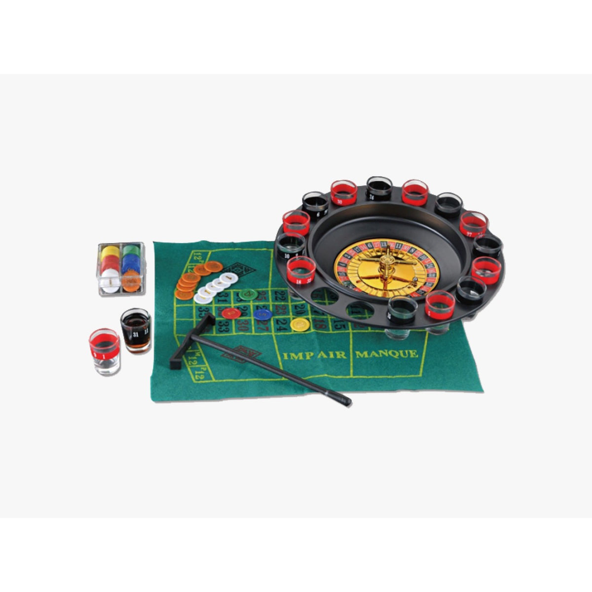 Lucky Shot Set Joc de Ruleta cu 16 Pahare de Shot si Plansa Blackjack, 60 Jetoane, Plastic si Sticla, 31 cm, Rosu-Negru
