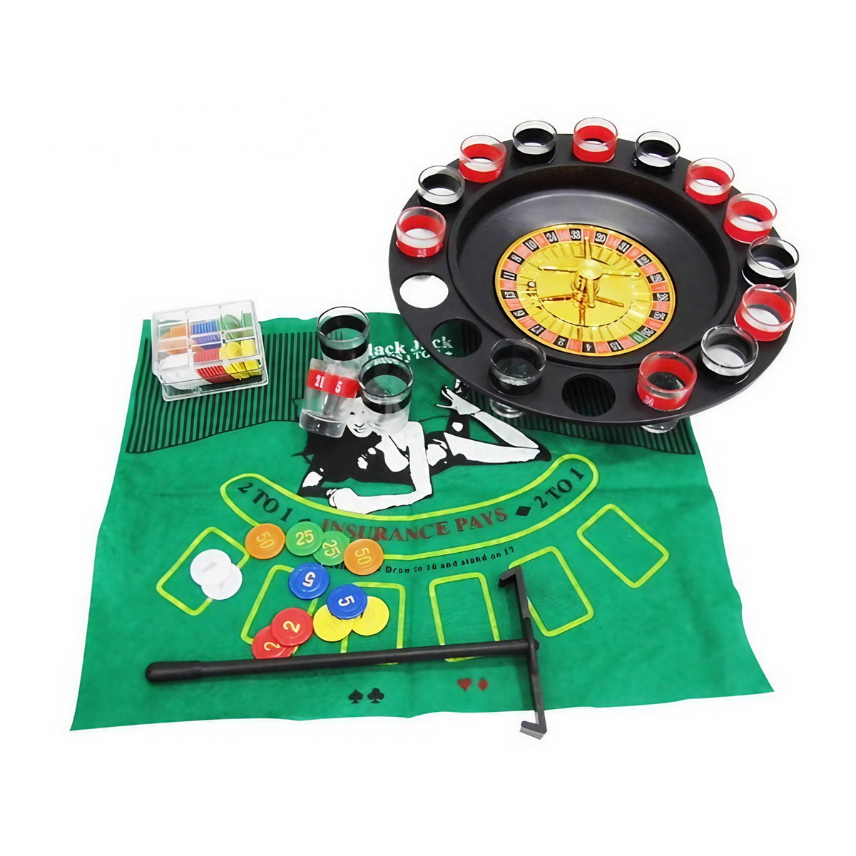 Lucky Shot Set Joc de Ruleta cu 16 Pahare de Shot si Plansa Blackjack, 60 Jetoane, Plastic si Sticla, 31 cm, Rosu-Negru