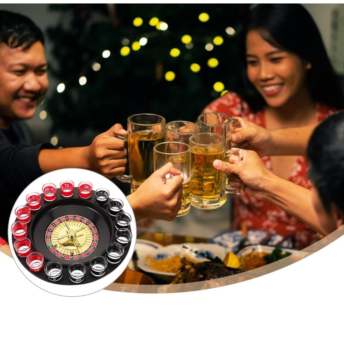 Lucky Shot Set Joc de Ruleta cu 16 Pahare de Shot si Plansa Blackjack, 60 Jetoane, Plastic si Sticla, 31 cm, Rosu-Negru