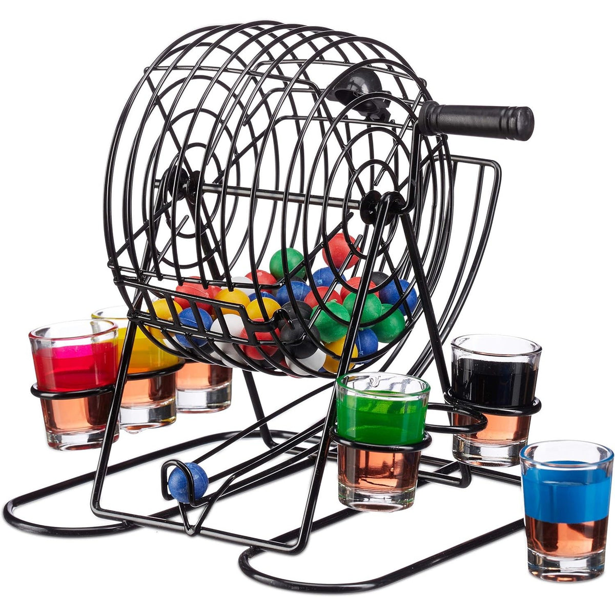Joc Bingo Mini Loterie cu Pahare de Shot, Set pentru Petrecere, Sticla si Metal, 48 Bile Colorate, 20 x 20 x 19 cm, Negru