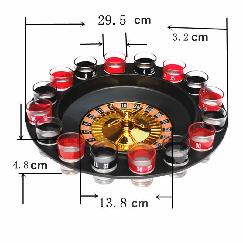 Joc de Baut Ruleta cu 16 Pahare de Shot din Sticla si 2 Bile Metalice, Accesorii Petrecere Adulti, 30 x 30 x 5.5 cm, Rosu/Negru