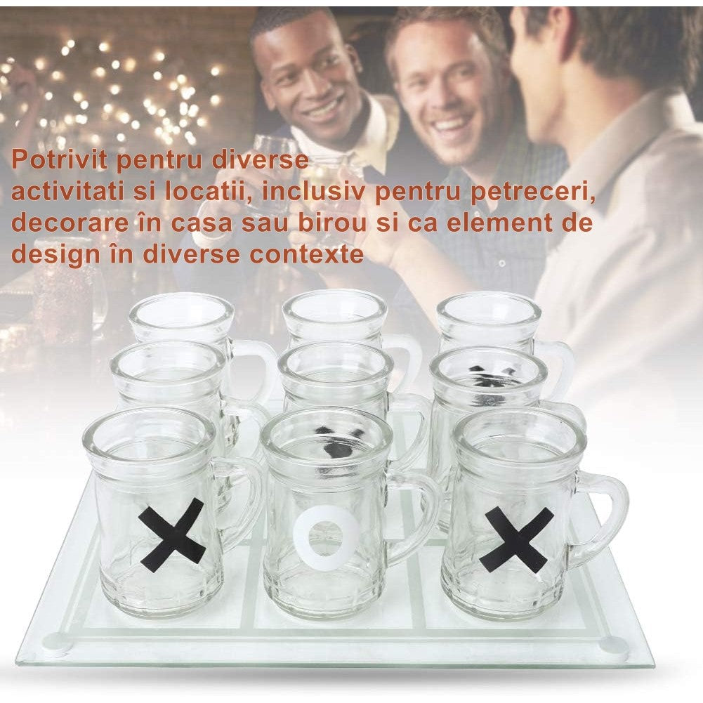 Joc X si O pentru Petreceri, Tablă de Joc cu 9 Mini Halbe, Design Elegant din Sticlă și Oglindă, 25 x 25 cm, Transparent