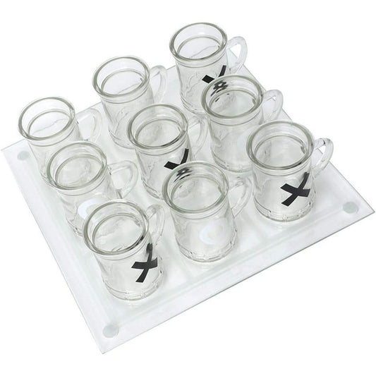Joc X si O pentru Petreceri, Tablă de Joc cu 9 Mini Halbe, Design Elegant din Sticlă și Oglindă, 25 x 25 cm, Transparent