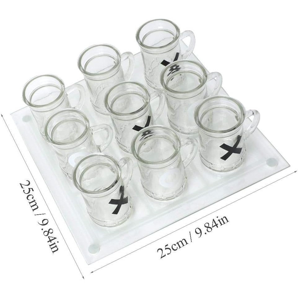 Joc X si O pentru Petreceri, Tablă de Joc cu 9 Mini Halbe, Design Elegant din Sticlă și Oglindă, 25 x 25 cm, Transparent