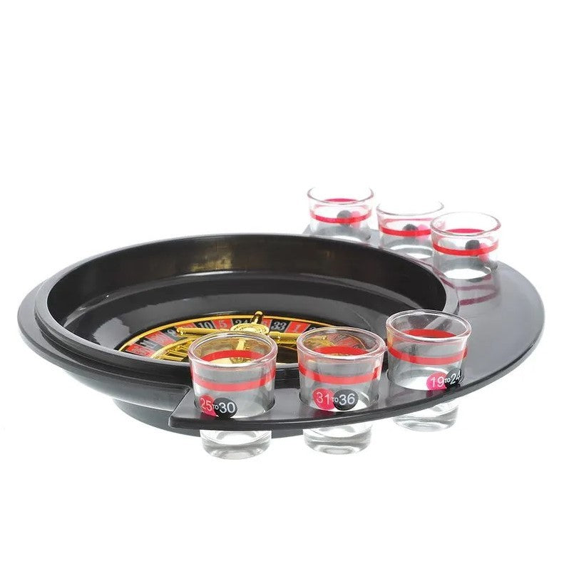 Joc De Baut Tip Ruleta Pentru Petreceri, Include 6 Pahare Shot Din Sticla, Design Compact Portabil, Plastic Si Sticla, 30 x 26.5 x 6.5 cm, Rosu/Negru