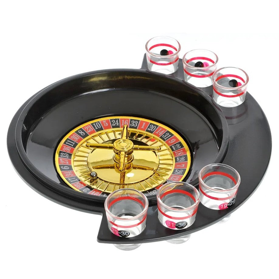Joc De Baut Tip Ruleta Pentru Petreceri, Include 6 Pahare Shot Din Sticla, Design Compact Portabil, Plastic Si Sticla, 30 x 26.5 x 6.5 cm, Rosu/Negru