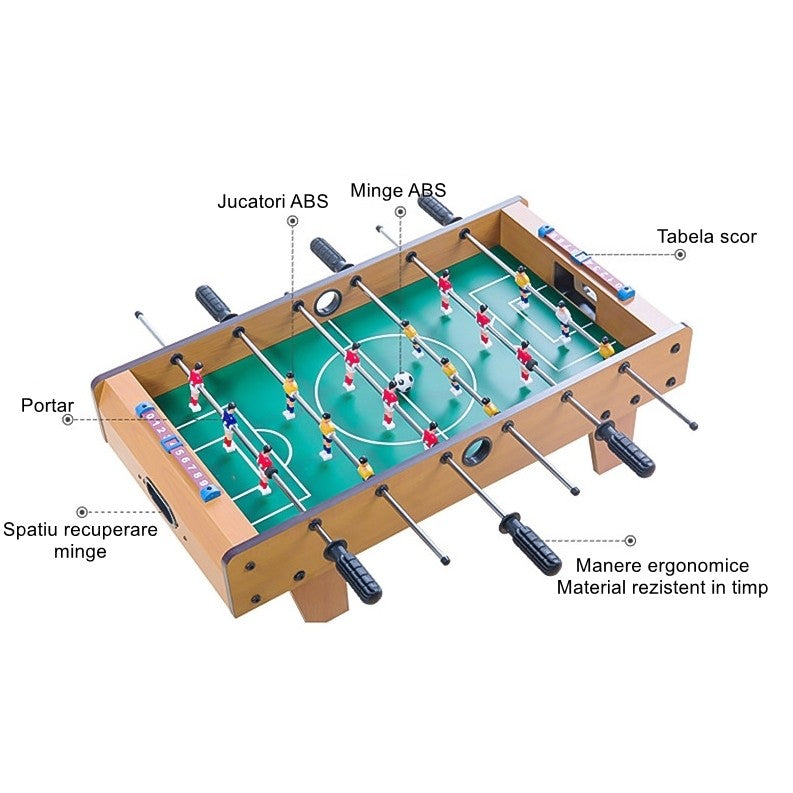 Mini Masa de Fotbal cu 18 Jucatori si 6 Manere, Joc de Masa Portabil cu Tabela Scor, Structura din Lemn, Metal si ABS, 50 x 25 x 16 cm