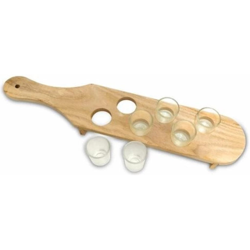 Set 6 Pahare Shot din Sticla cu Suport din Lemn, Design Rustic pentru Servire si Prezentare, 41 x 8.5 x 6 cm, Maro