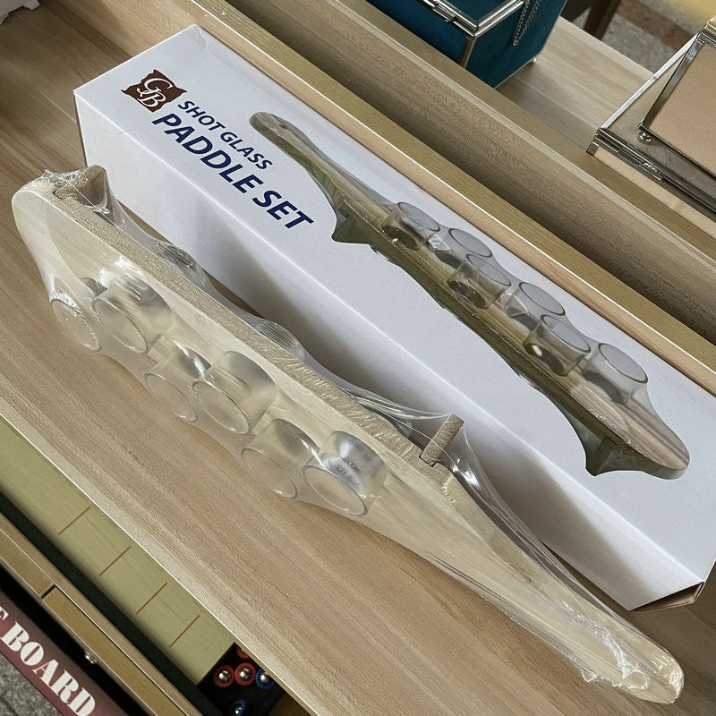 Set 6 Pahare Shot din Sticla cu Suport din Lemn, Design Rustic pentru Servire si Prezentare, 41 x 8.5 x 6 cm, Maro