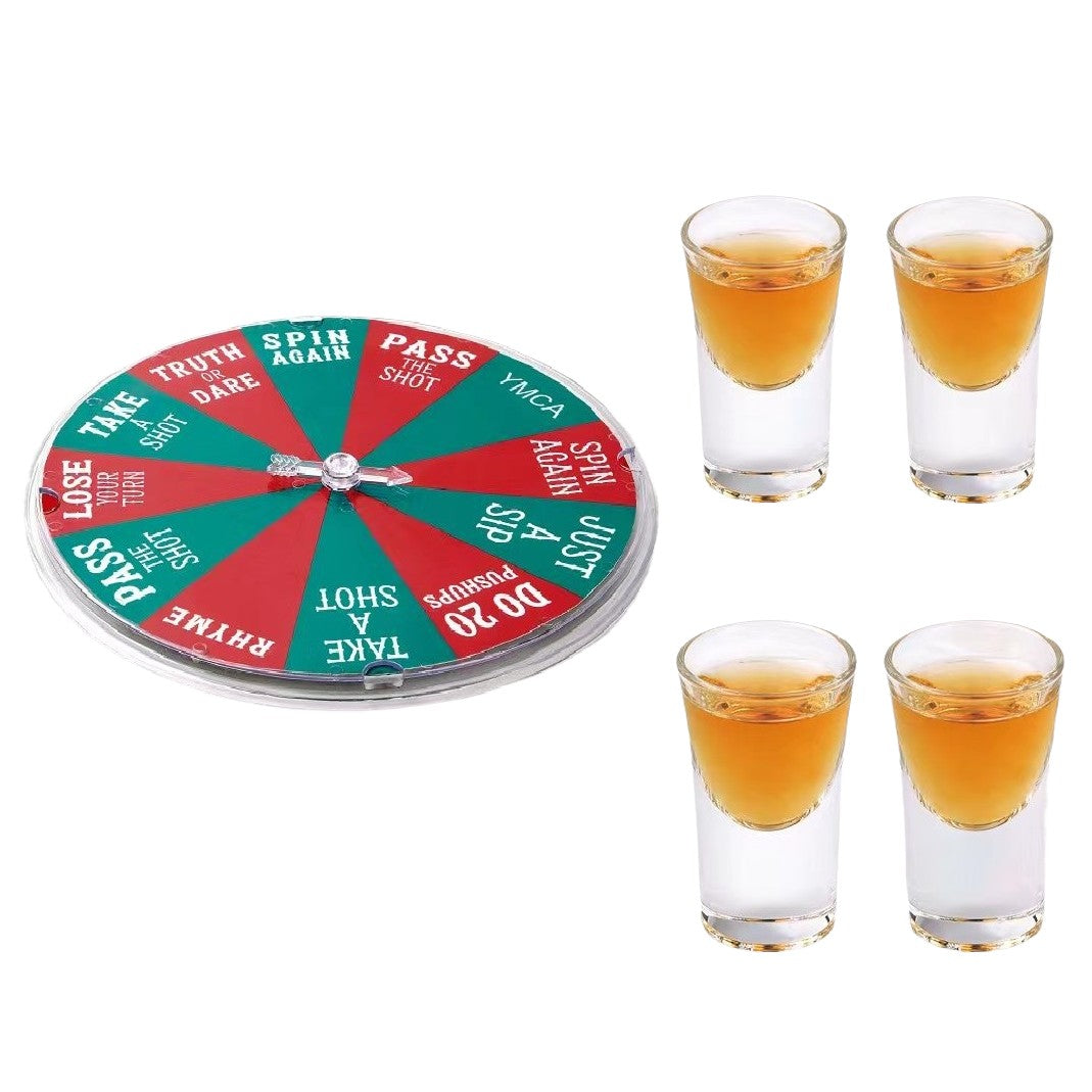 Joc De Baut Ruleta Norocoasa Cu 4 Pahare Shot Incluse, Joc De Petrecere Pentru Adulti +18 Ani, Plastic Si Sticla, Rosu/Verde