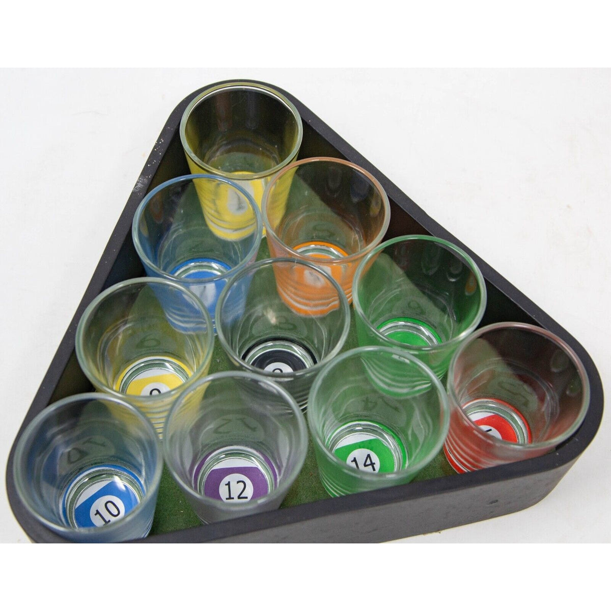Set 10 Pahare de Shot cu Suport Tematic Biliard, Pahare din Sticla Rezistenta pentru Cocktail, Design Multicolor, 30 ml, 10 x 10 cm