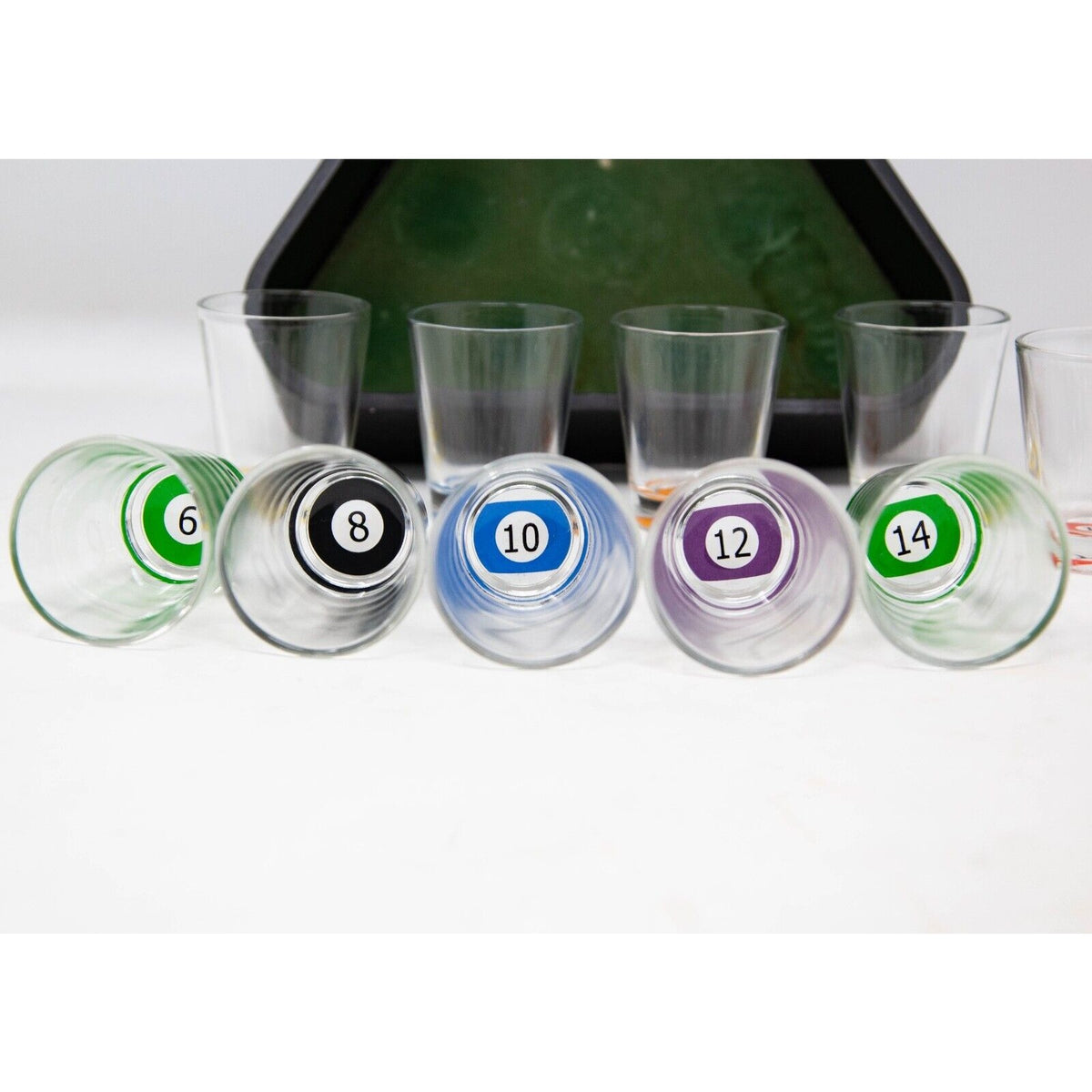 Set 10 Pahare de Shot cu Suport Tematic Biliard, Pahare din Sticla Rezistenta pentru Cocktail, Design Multicolor, 30 ml, 10 x 10 cm