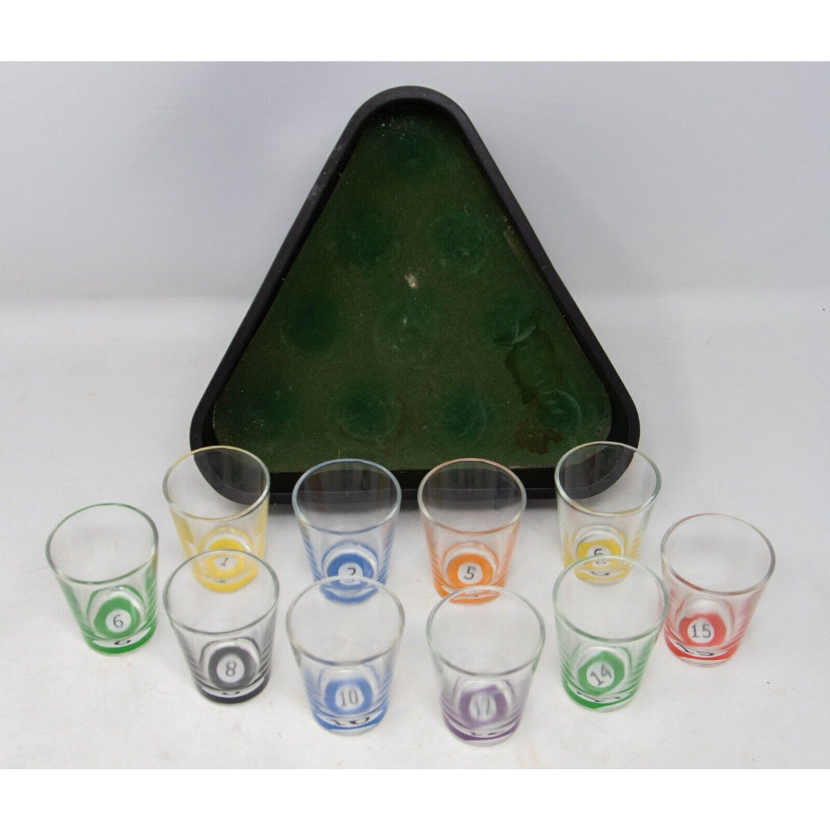 Set 10 Pahare de Shot cu Suport Tematic Biliard, Pahare din Sticla Rezistenta pentru Cocktail, Design Multicolor, 30 ml, 10 x 10 cm