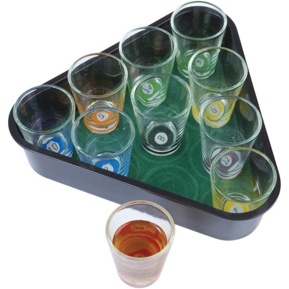 Set 10 Pahare de Shot cu Suport Tematic Biliard, Pahare din Sticla Rezistenta pentru Cocktail, Design Multicolor, 30 ml, 10 x 10 cm