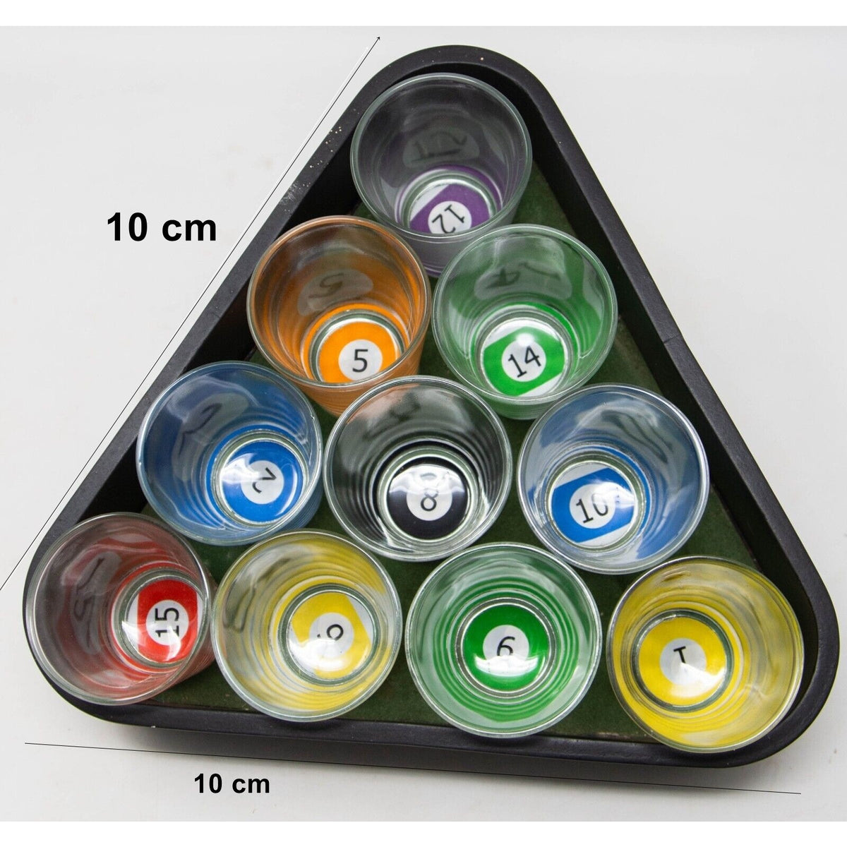 Set 10 Pahare de Shot cu Suport Tematic Biliard, Pahare din Sticla Rezistenta pentru Cocktail, Design Multicolor, 30 ml, 10 x 10 cm