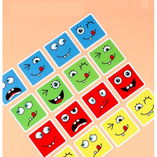 Joc Montessori Educativ Cuburi Schimbare Fete, Puzzle din Lemn cu Expresii Faciale, Dezvoltare Abilitati Motorii, Include 16 Blocuri si 64 de Carduri, Varsta +3 Ani