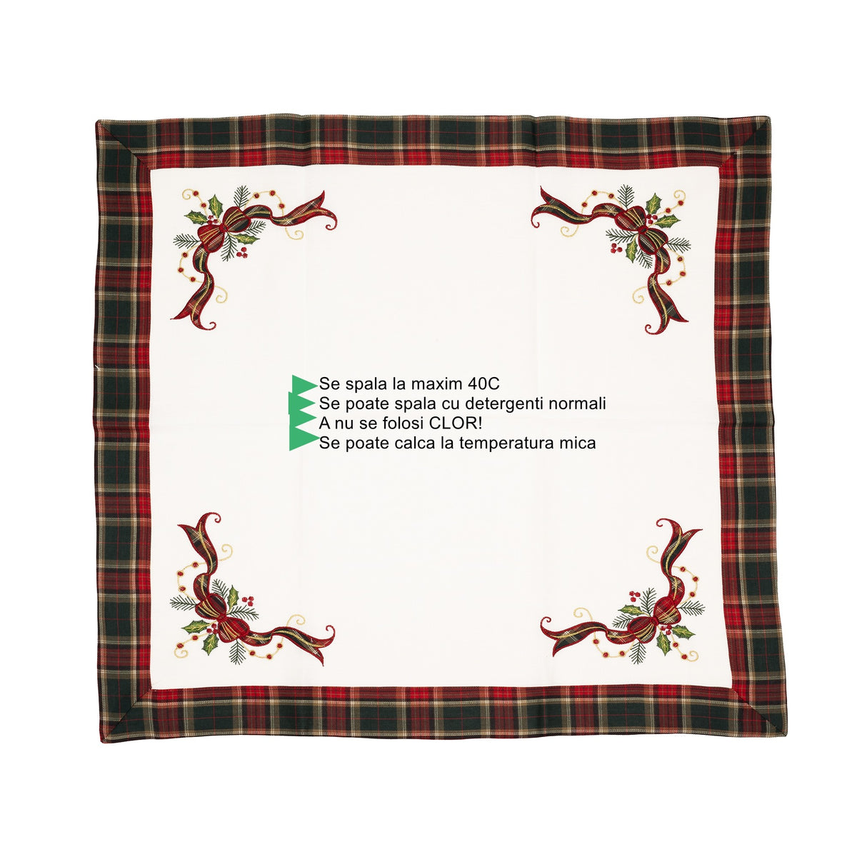 Fata de Masa Craciun, Material Textil Brodat, Model Festive cu Fundite, Design Elegant de Sarbatori, Patrata, Alba, 85x85 cm