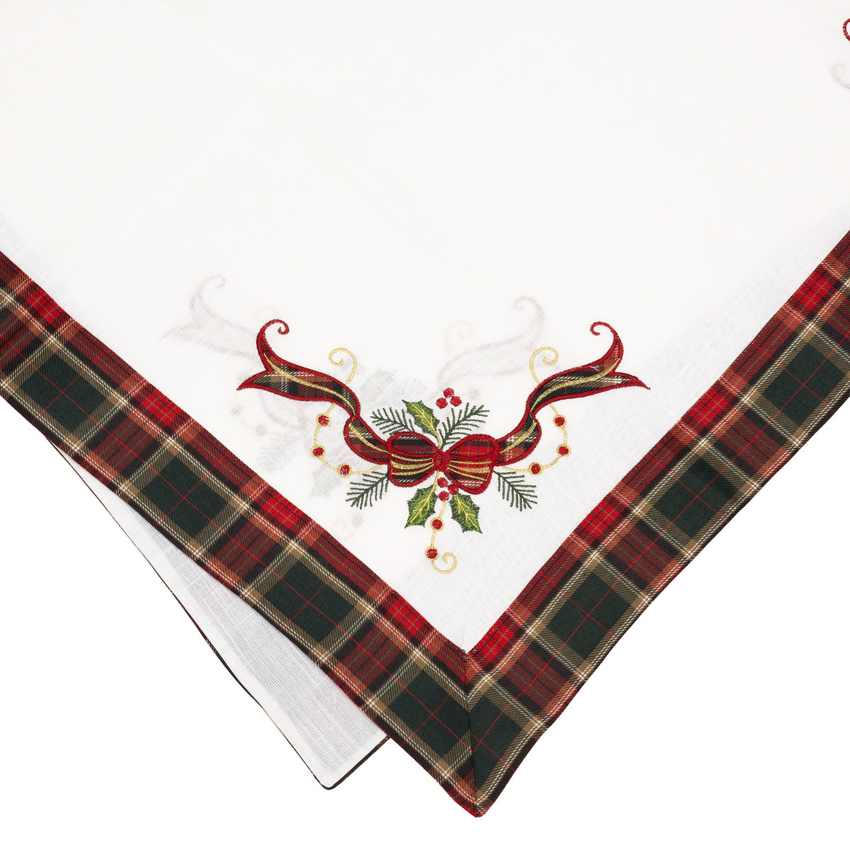 Fata de Masa Craciun, Material Textil Brodat, Model Festive cu Fundite, Design Elegant de Sarbatori, Patrata, Alba, 85x85 cm