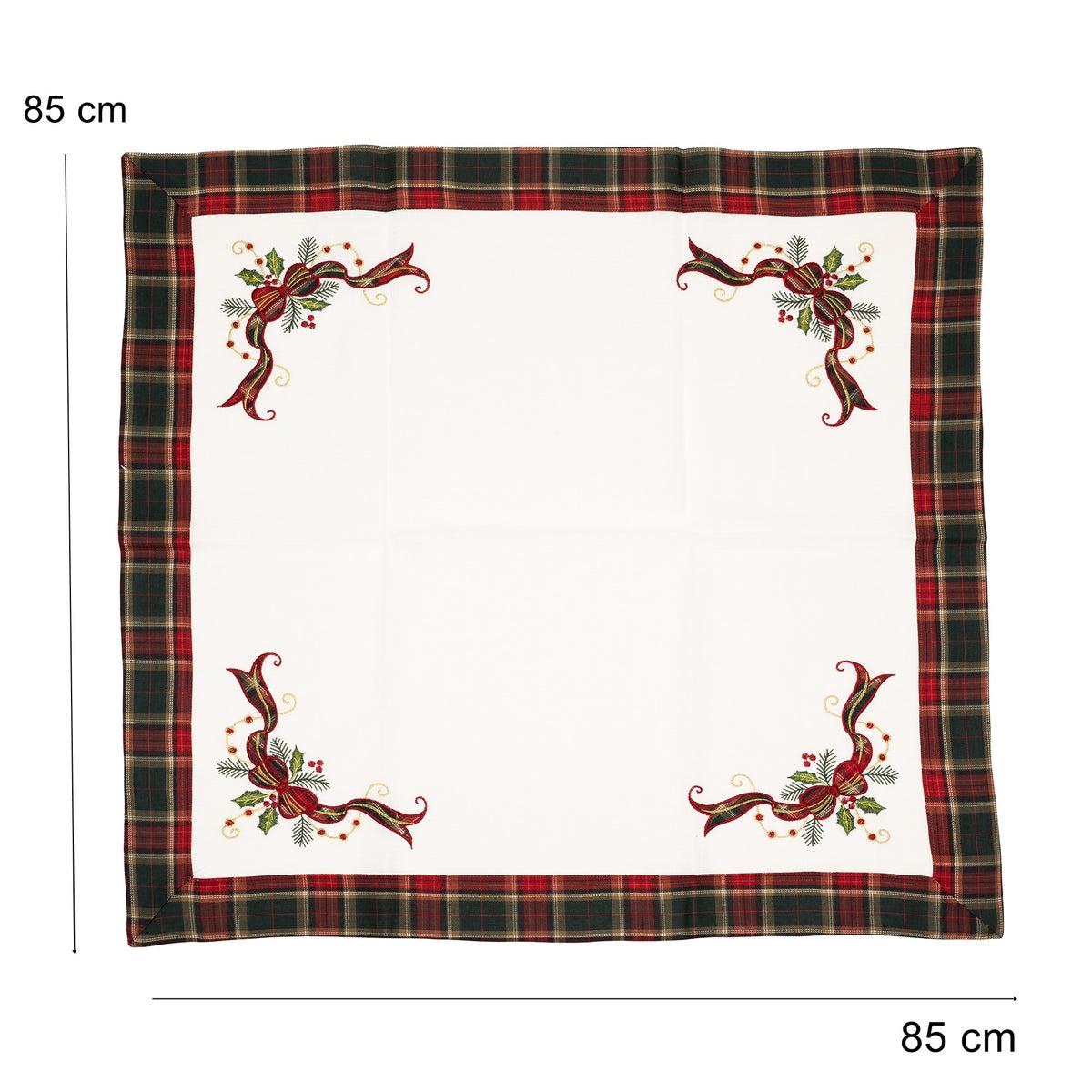 Fata de Masa Craciun, Material Textil Brodat, Model Festive cu Fundite, Design Elegant de Sarbatori, Patrata, Alba, 85x85 cm