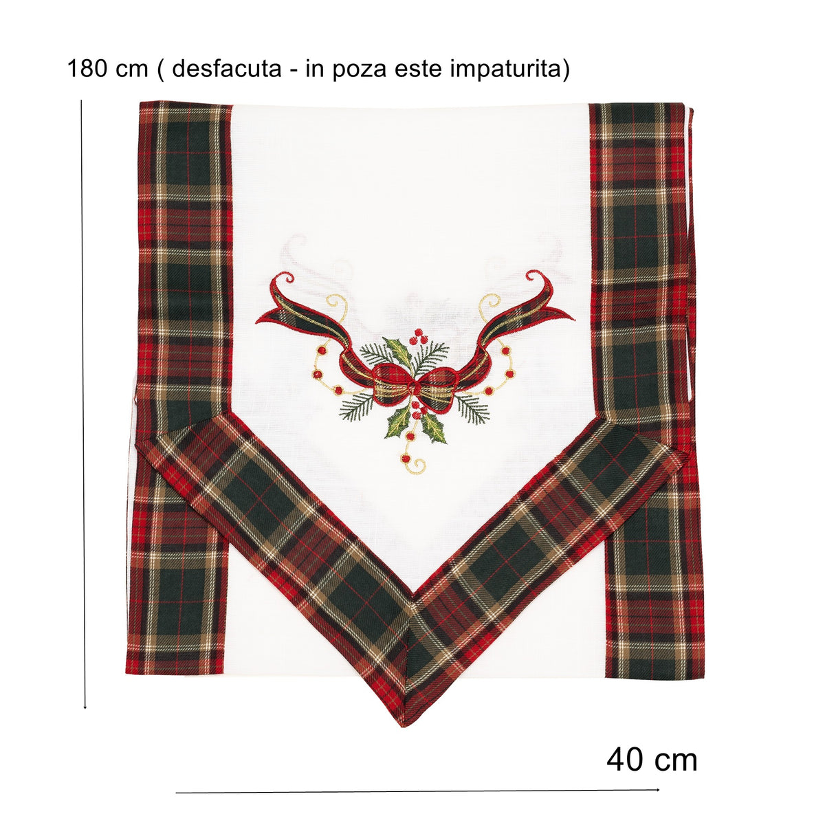 Fata de Masa Festiva tip Runner, Material In Brodat cu Motive Fundita de Craciun, Design Elegant pentru Sarbatori, Alb, 180 x 40 cm