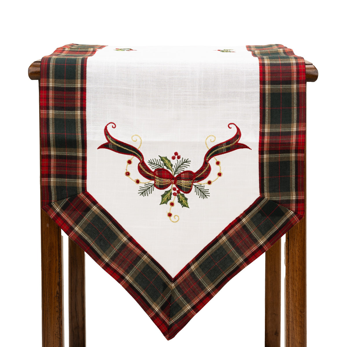 Fata de Masa Festiva tip Runner, Material In Brodat cu Motive Fundita de Craciun, Design Elegant pentru Sarbatori, Alb, 180 x 40 cm