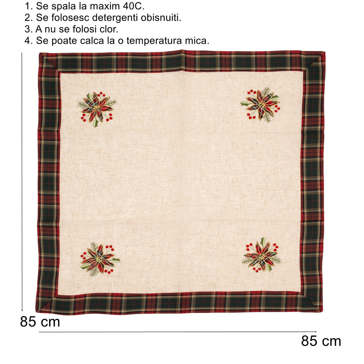 Fata de Masa Craciun, Material In Brodat cu Motive Florale Festive, Design Elegant de Iarna, Crem, 85 x 85 cm