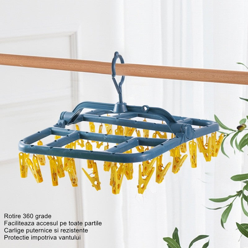 Uscator de Rufe Suspendat cu 40 Carlige, Rotire 360 Grade si Protectie Vant, Suport Pliabil pentru Sosete si Lenjerie, Plastic, 36 x 24 cm, Albastru/Galben