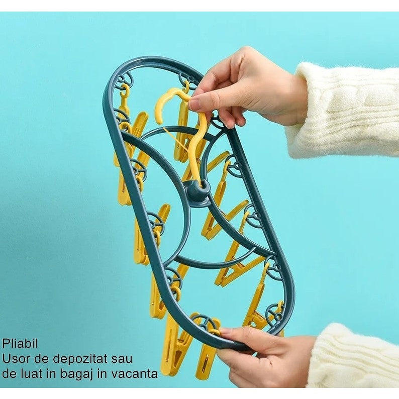 Uscator de Rufe Suspendat, Suport cu 12 Carlige, Rotire 360 Grade si Sistem Protectie Vant, Material Plastic, 30 x 12.5 cm, Albastru/Galben