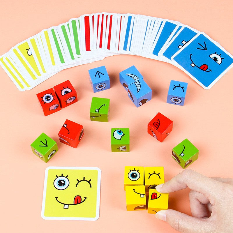 Jucarie Montessori Tip Puzzle Cub Din Lemn, Joc Educativ De Potrivire Expresii Faciale, 16 Cuburi Cu 64 Cartonase, Include Clepsidra Si Clopotel, Multicolor, +3 Ani