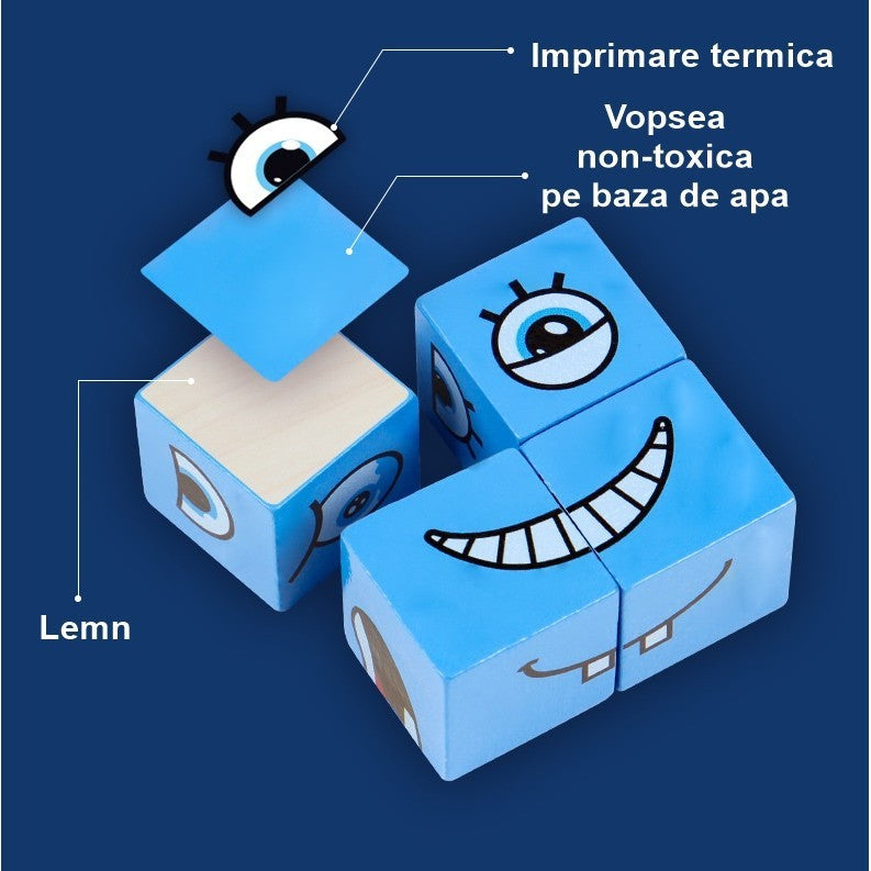 Jucarie Montessori Tip Puzzle Cub Din Lemn, Joc Educativ De Potrivire Expresii Faciale, 16 Cuburi Cu 64 Cartonase, Include Clepsidra Si Clopotel, Multicolor, +3 Ani