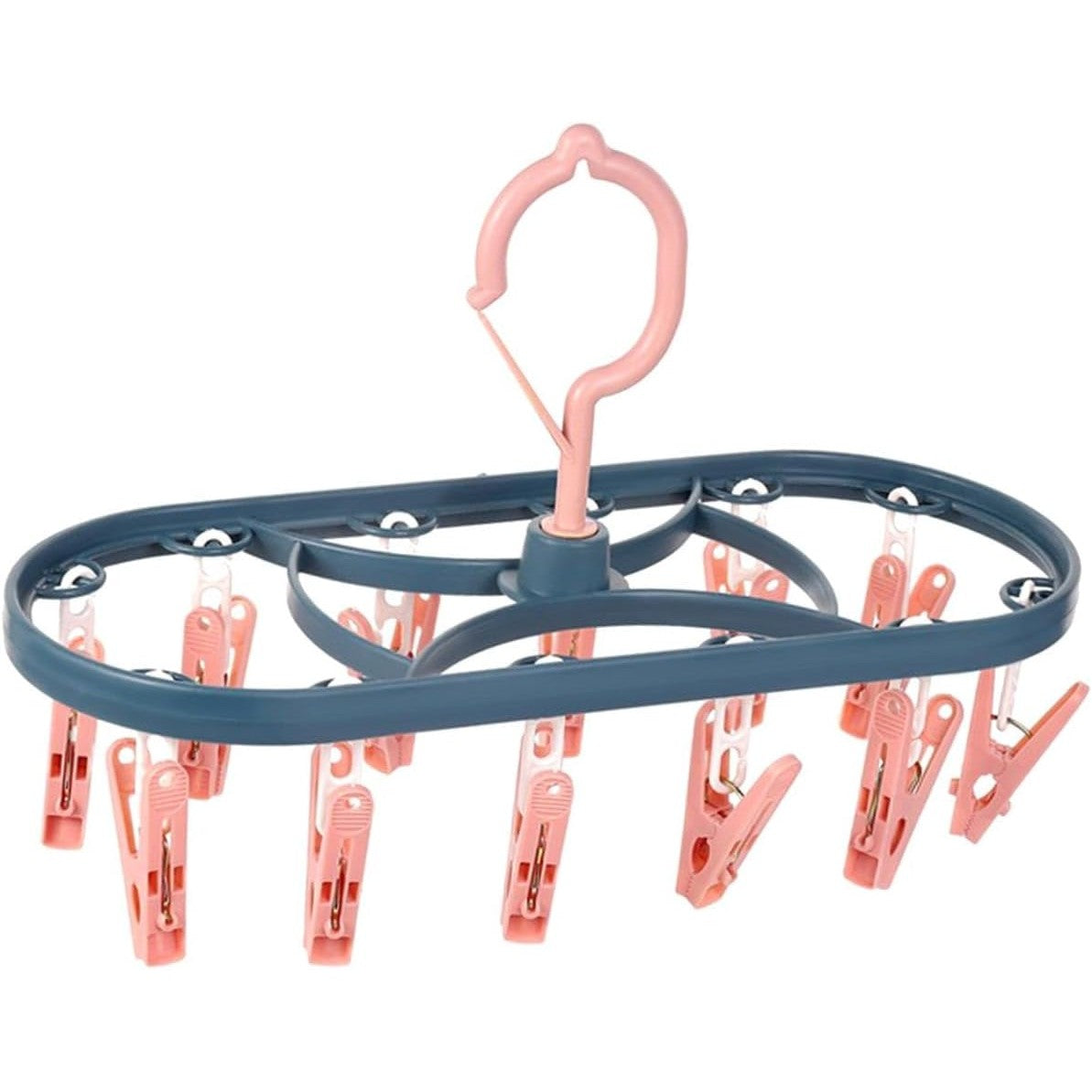 Uscator de Rufe Suspendat, Suport cu 12 Carlige, Rotire 360 Grade si Protectie Vant, Plastic Rezistent, 30 x 12.5 cm, Albastru/Roz