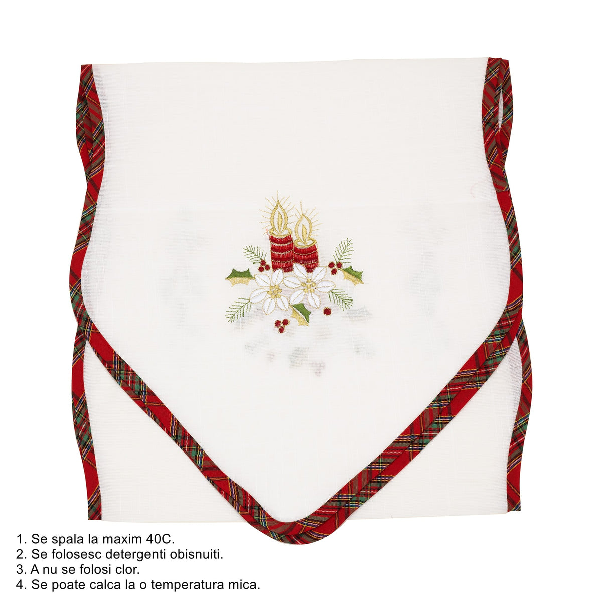Fata de Masa Festiva de Craciun, Traverser Masa cu Motive Florale si Lumanari, Material Brodat Elegant, 180 x 40 cm, Alb