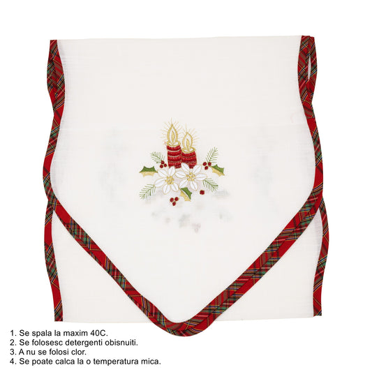 Fata de Masa Festiva de Craciun, Traverser Masa cu Motive Florale si Lumanari, Material Brodat Elegant, 180 x 40 cm, Alb