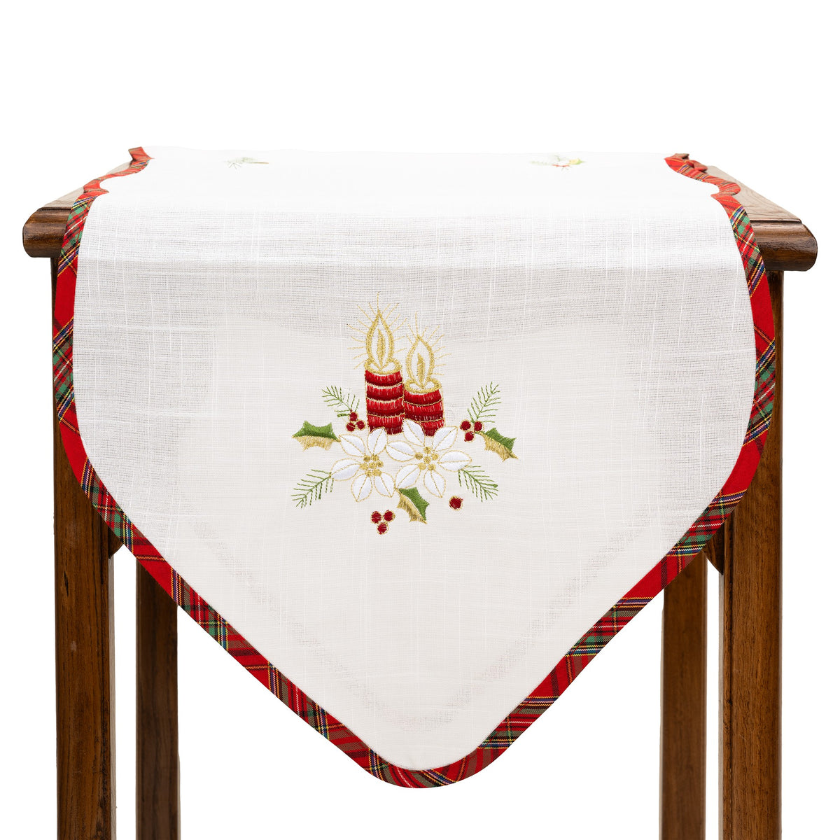 Fata de Masa Festiva de Craciun, Traverser Masa cu Motive Florale si Lumanari, Material Brodat Elegant, 180 x 40 cm, Alb