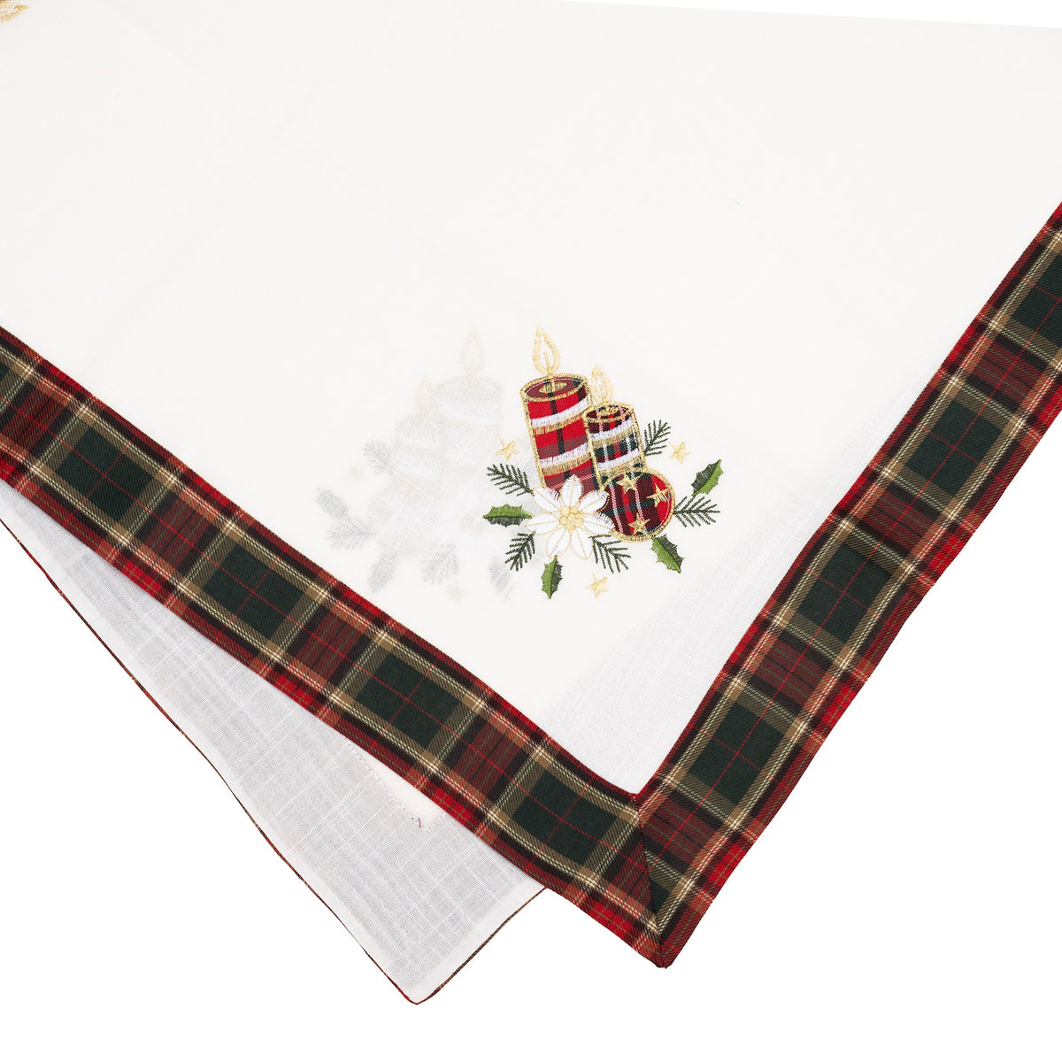 Fata de Masa Craciun, Material Brodat cu Motive Lumanari Festive, Textil Reutilizabil, Patrata, Alb, 85 x 85 cm