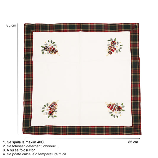 Fata de Masa Craciun, Material Brodat cu Motive Lumanari Festive, Textil Reutilizabil, Patrata, Alb, 85 x 85 cm