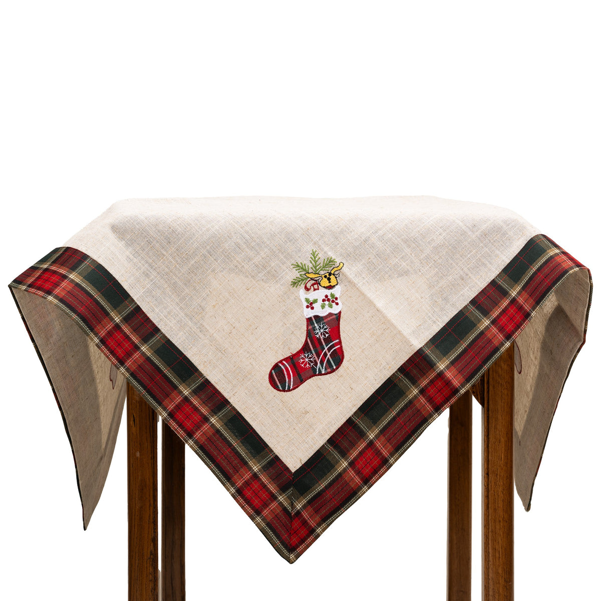 Fata de Masa Craciun, Material Brodat cu Motive Festive Ghetute, Textil Elegant pentru Masa de Iarna, Crem, 85 x 85 cm