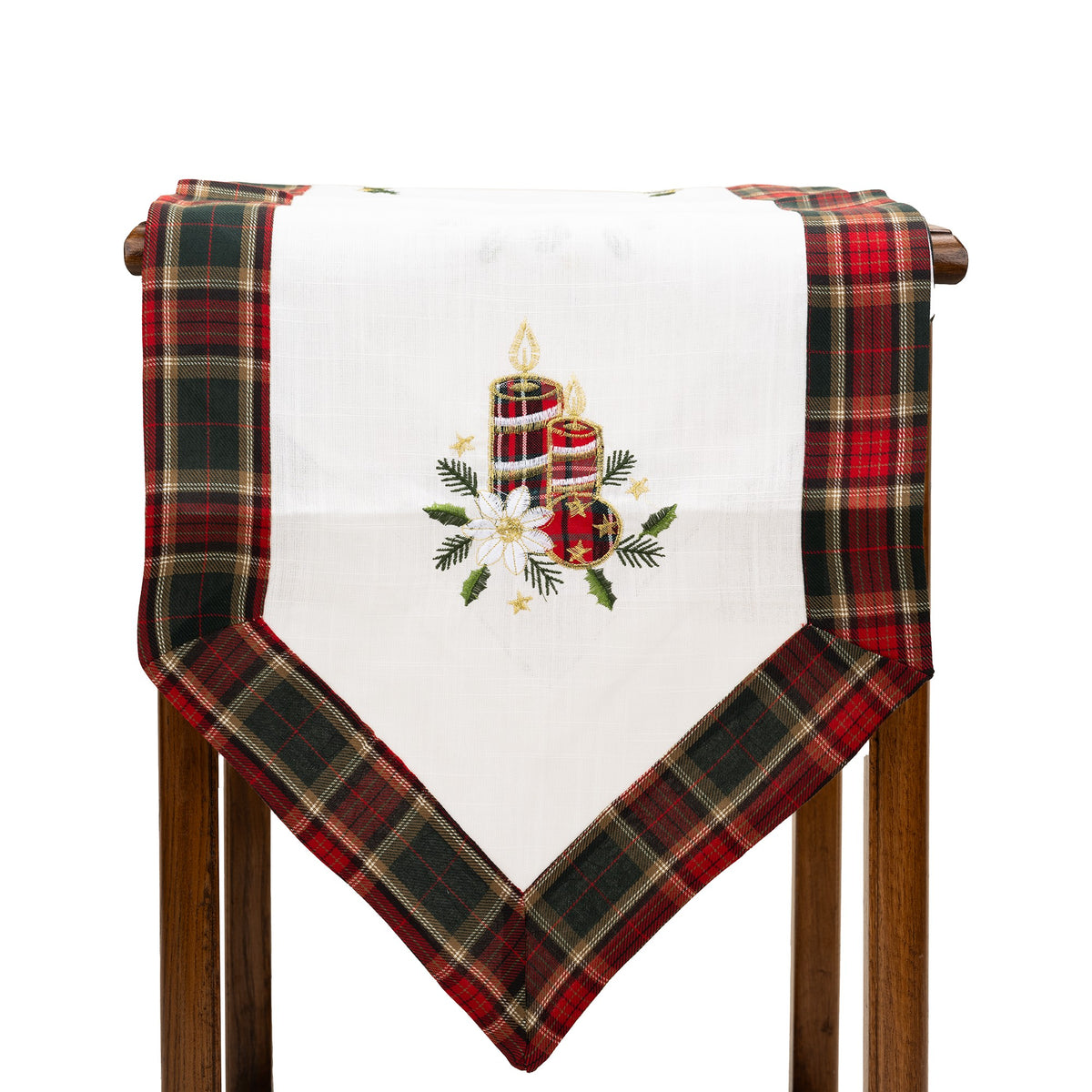 Traversă Masă Crăciun, Material Brodat cu Motive Lumânări, Design Elegant de Sărbători, Dreptunghiulară, 180 x 40 cm, Alb