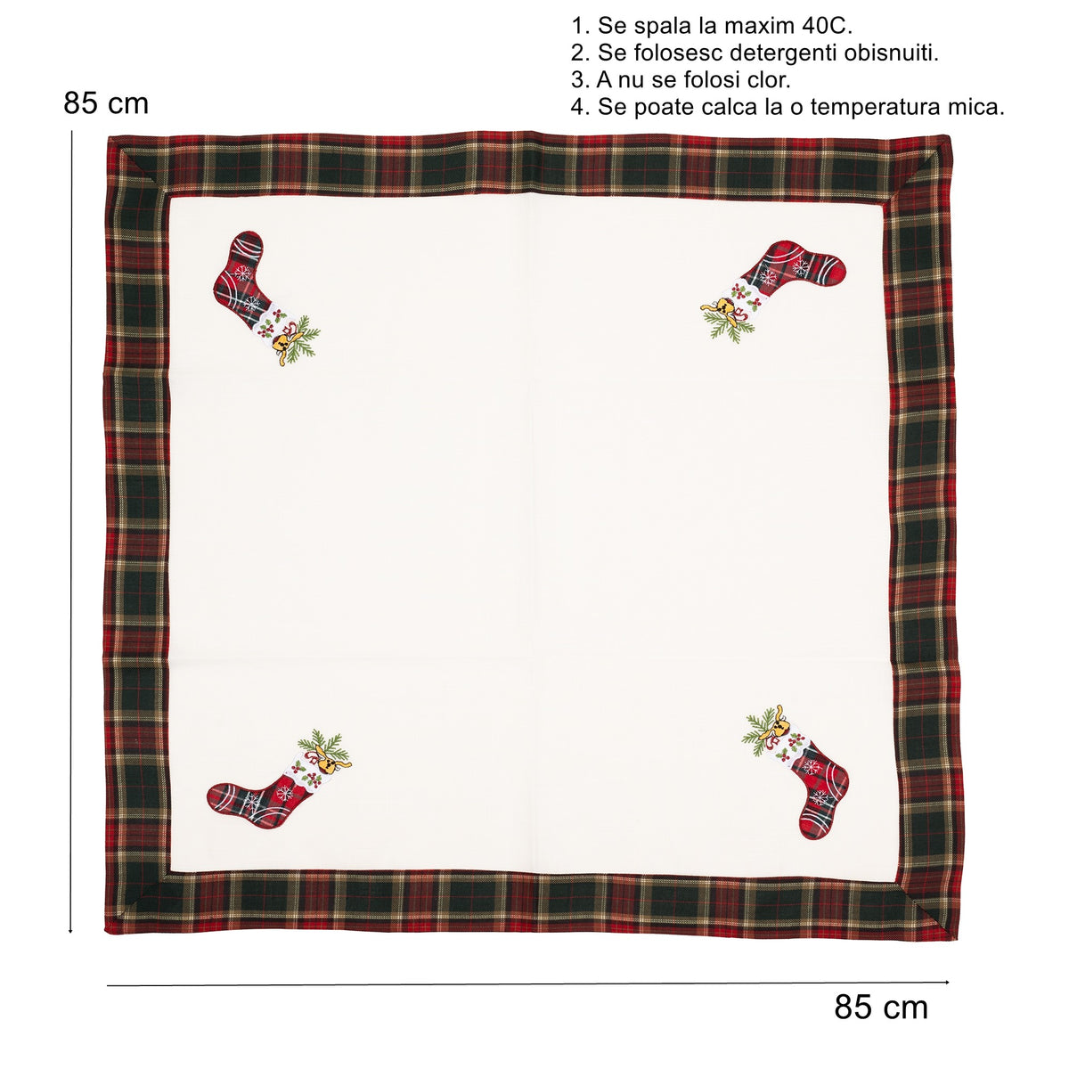 Fata de Masa Craciun, Material In Brodat cu Motive Festive Ghetute, Textil Dreptunghiular, Alb, 85 x 85 cm