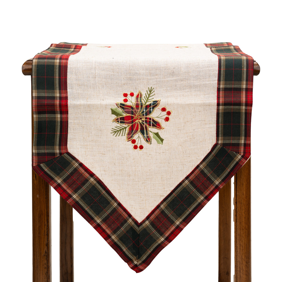 Fata de Masa Craciun, Traverse de Masa cu Motive Florale Festive, Material In Brodat, Dreptunghiulara, Crem, 180 x 40 cm